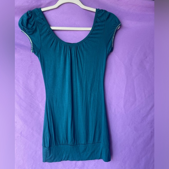 In Joy Teal Green Short Sleeve T- Shirt with Rein-Stone Detailing Size Medium - Picture 14 of 14